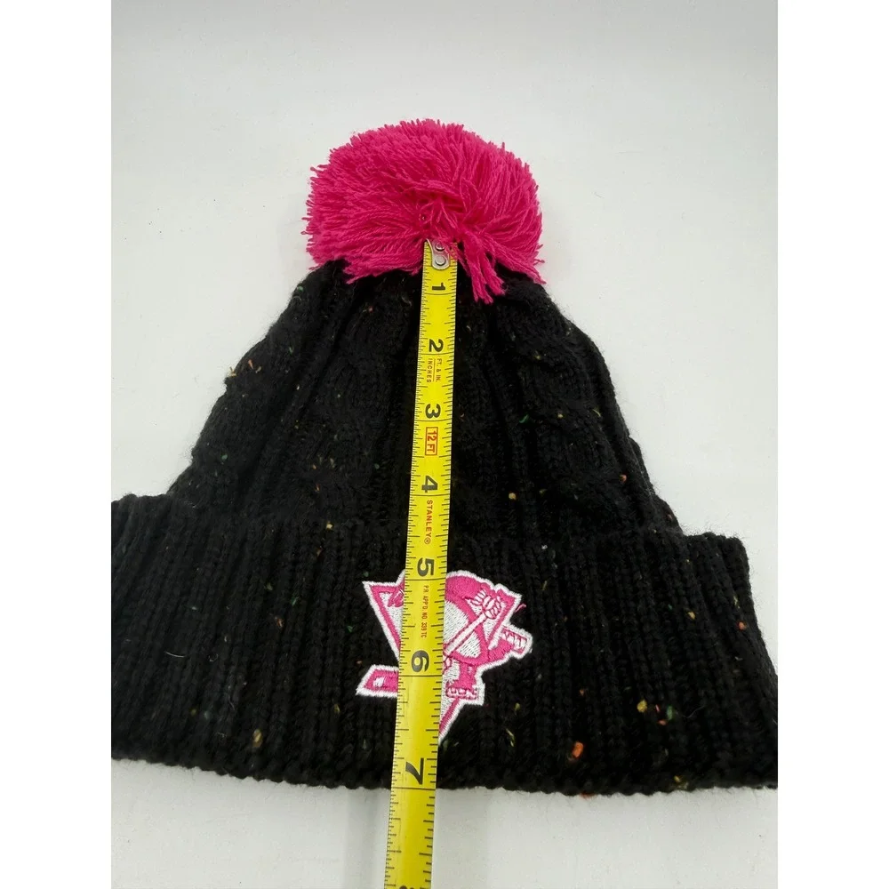 NHL Pittsburgh Penguins Girls Black Pink Cable Knit Pom Beanie Hat One Size Kid
